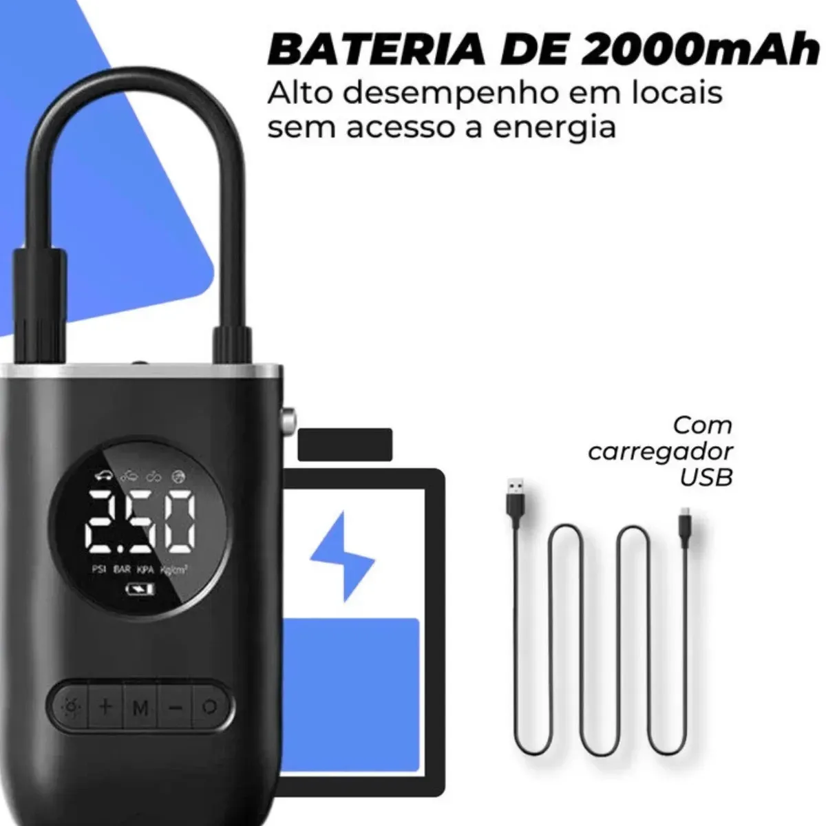 Bateria de 2000 mAh do compressor portátil e cabo de recarga USB