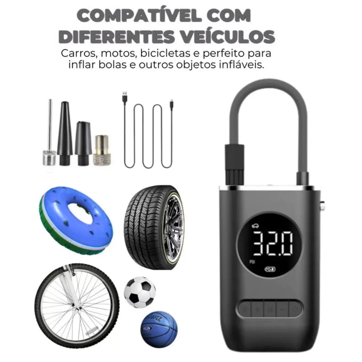 Compressor compatível com pneus de carro, bicicleta, bolas e infláveis